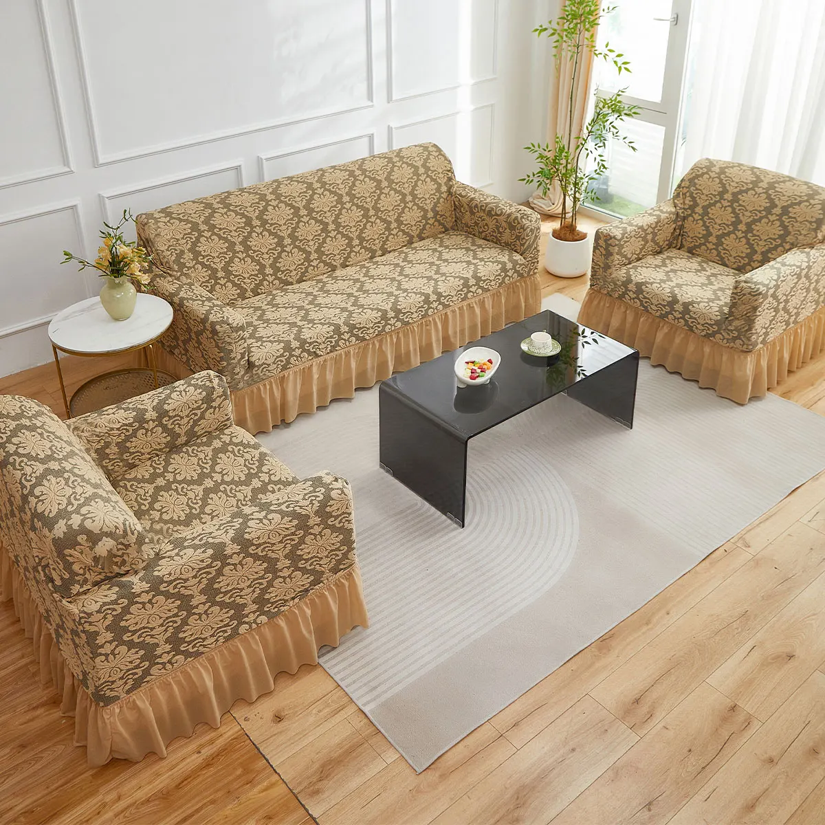 XM-Luvetoria 1pc European Jacquard Non-slip Sofa Slipcover with Skirt Relief Embossed Sofa Covers For Bedroom Office Living Room Home Decor