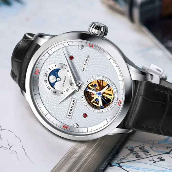 BORMAN Men Automatic Watch 42mm Mechanical Wristwatch 50M Waterproof Skeleton Sapphire Mirror 24 Hours Sun-Moon Leather Strap