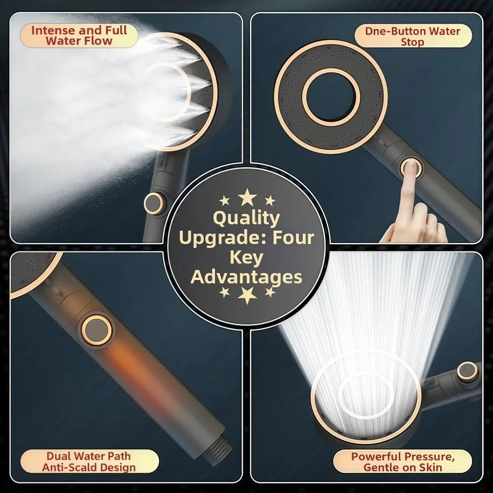 

Adjustable in 3 Levels High-pressure Shower Head Anti-scalding One-click Water Stop Pressurized Shower Head Common Interface