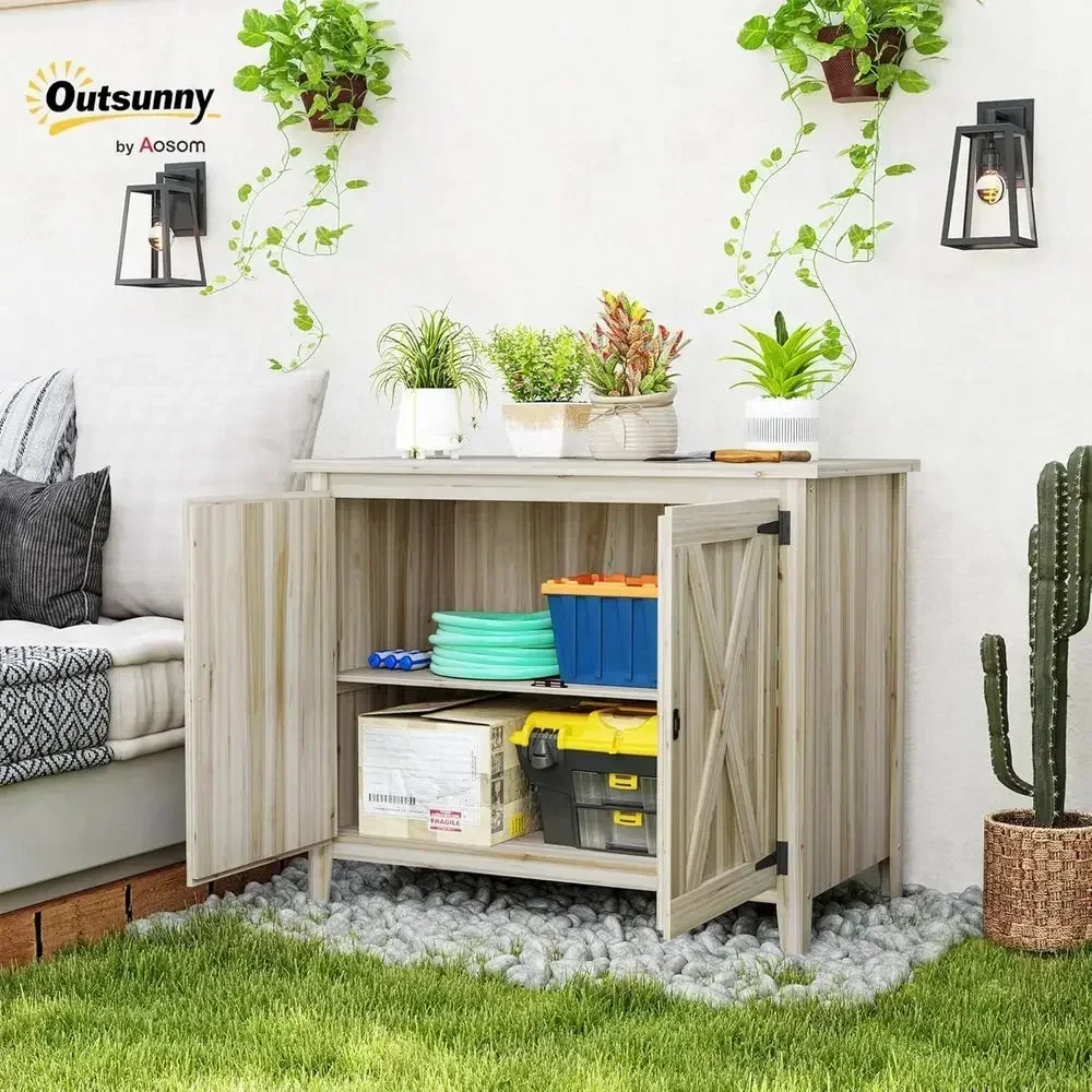 Natural Wood Compact Outdoor Storage Cabinet with Shelving and Double Doors for Garden, Patio, and Lawn