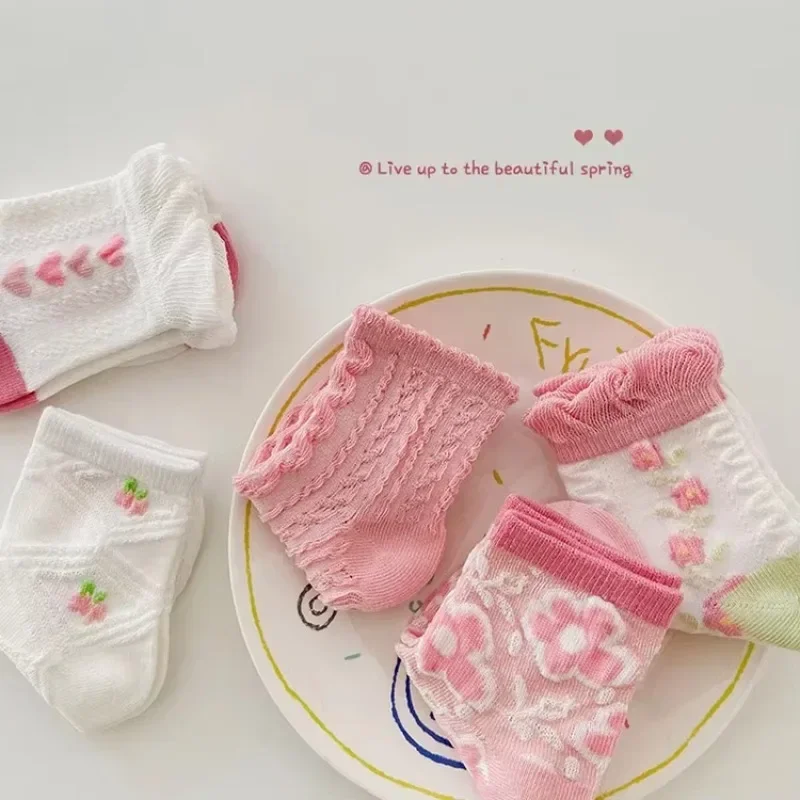 5 Pairs of Pure Cotton Solid Color Children's Pink Girls' Socks Heart Shape Cute Comfortable Sweet Princess Socks