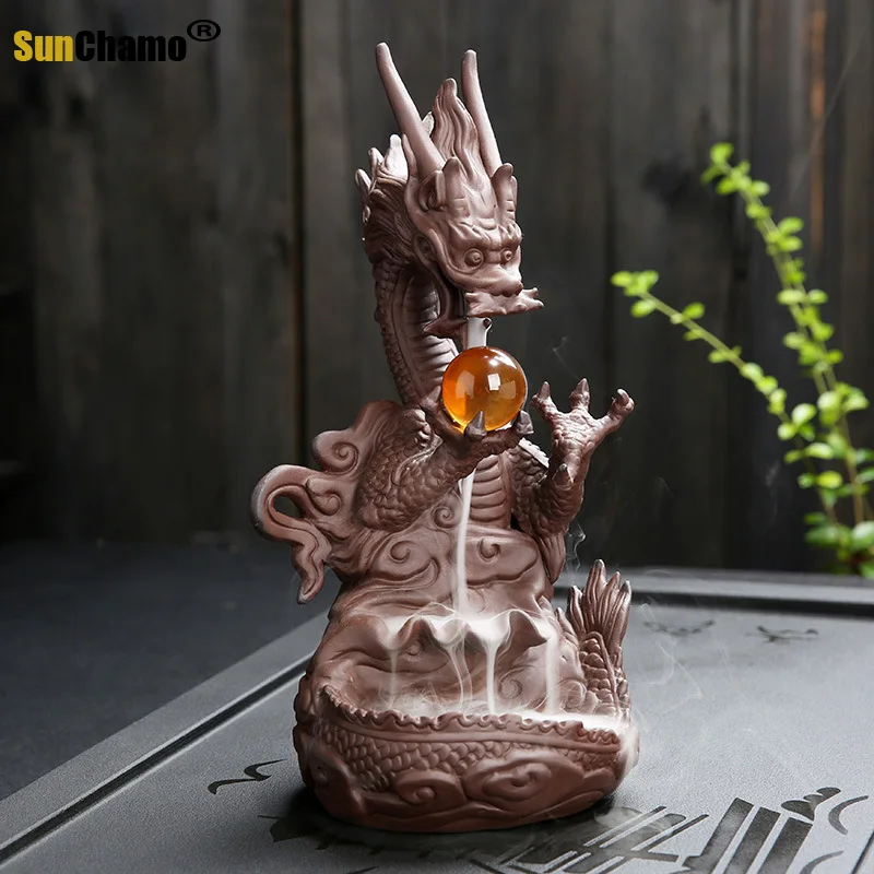 15.5x24cm New Creative Dragon Incense Holder Burner Smoke Waterfall Backflow Censer Ceramic with Crystal Ball Home Decoration