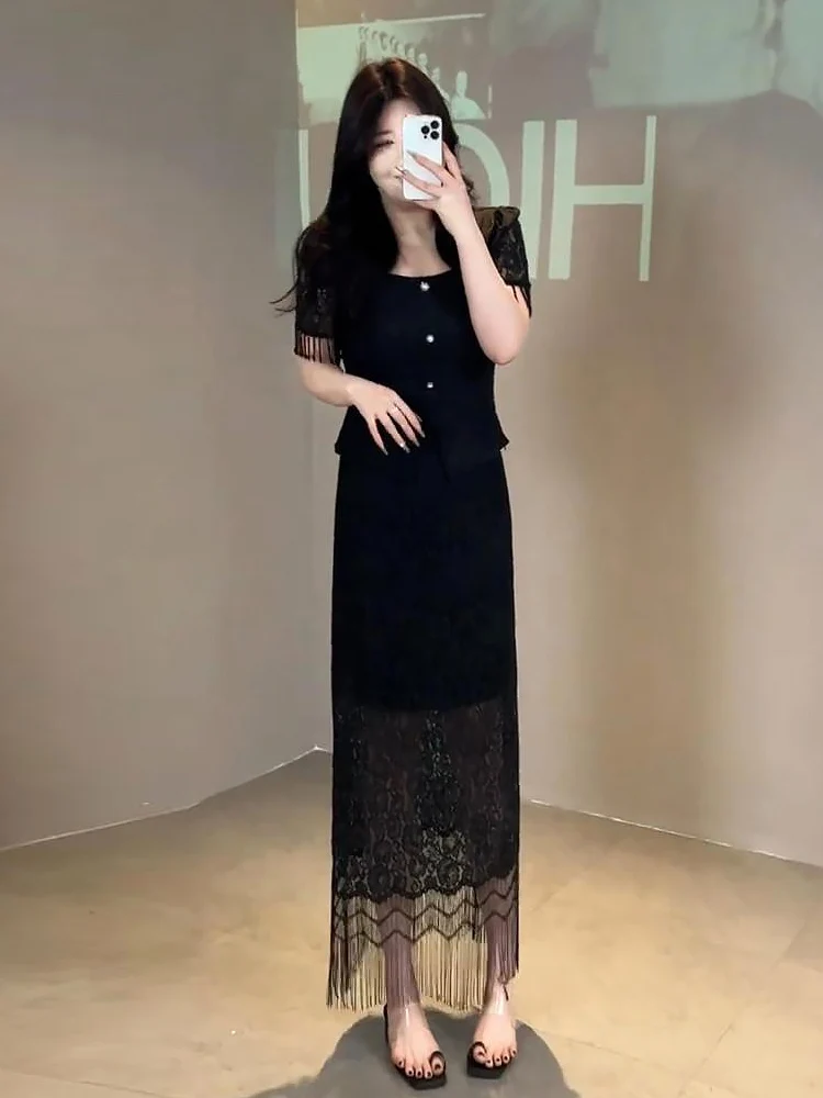 

Комплект из кружевного топа и юбки больших размеров для женщин: летний модный корейский стиль, юбка А-силуэта с высокой талией и бахромой, женский комплект