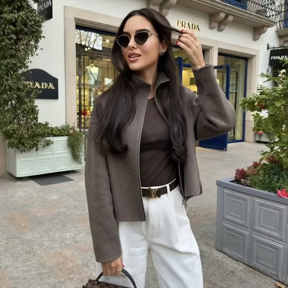 BWQ Herfst Vrouwen Casual Solid Jassen Mode Vintage Rits O Hals Bruine Jassen Elegante Chique Dames Jassen