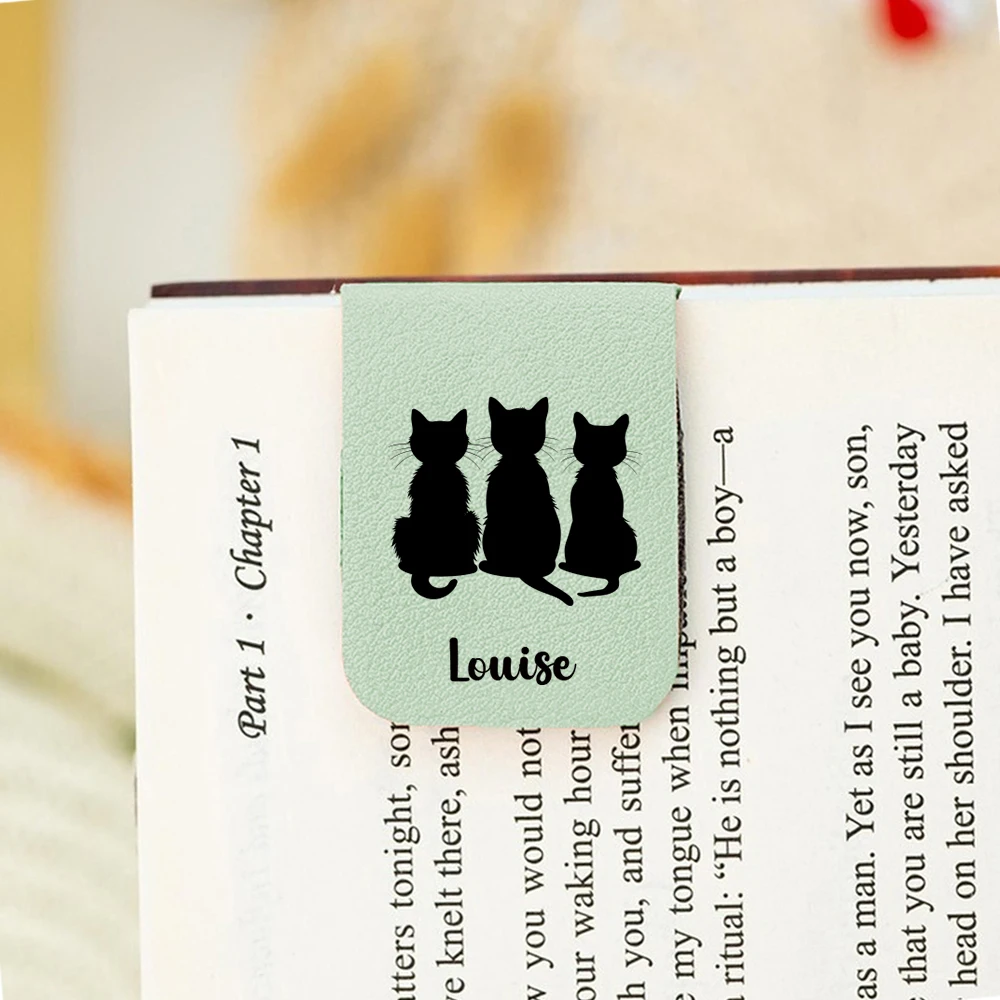 1PC Cute Cat Customized Name UV Print Aqua Blue Leather Book Clip For Children Gifts