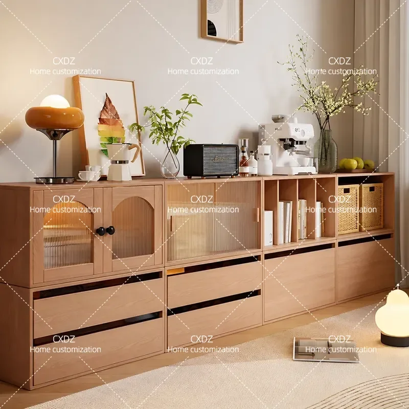 Solid Wood TV Cabinet Floor Standing Bookcase Modular Storage Unit for Living Room Small Apartment Vintage Style Media