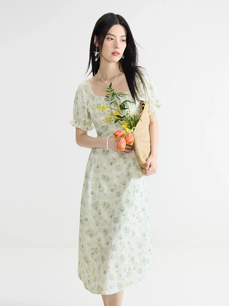 DUSHU Floral Chiffon Long Dress Women Summer Square Neck Short Sleeve Long A-LINE Green Floral Dresses 24DS82798