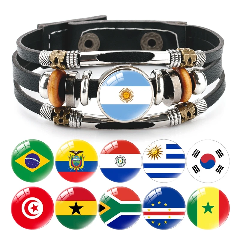 Pulsera con Bandera Nacional de América, Canadá y España, Brazalete Hecho a Mano con Dijes para Partidos de Fútbol, Pulseras y Brazaletes de Cuero para Mujeres y Hombres