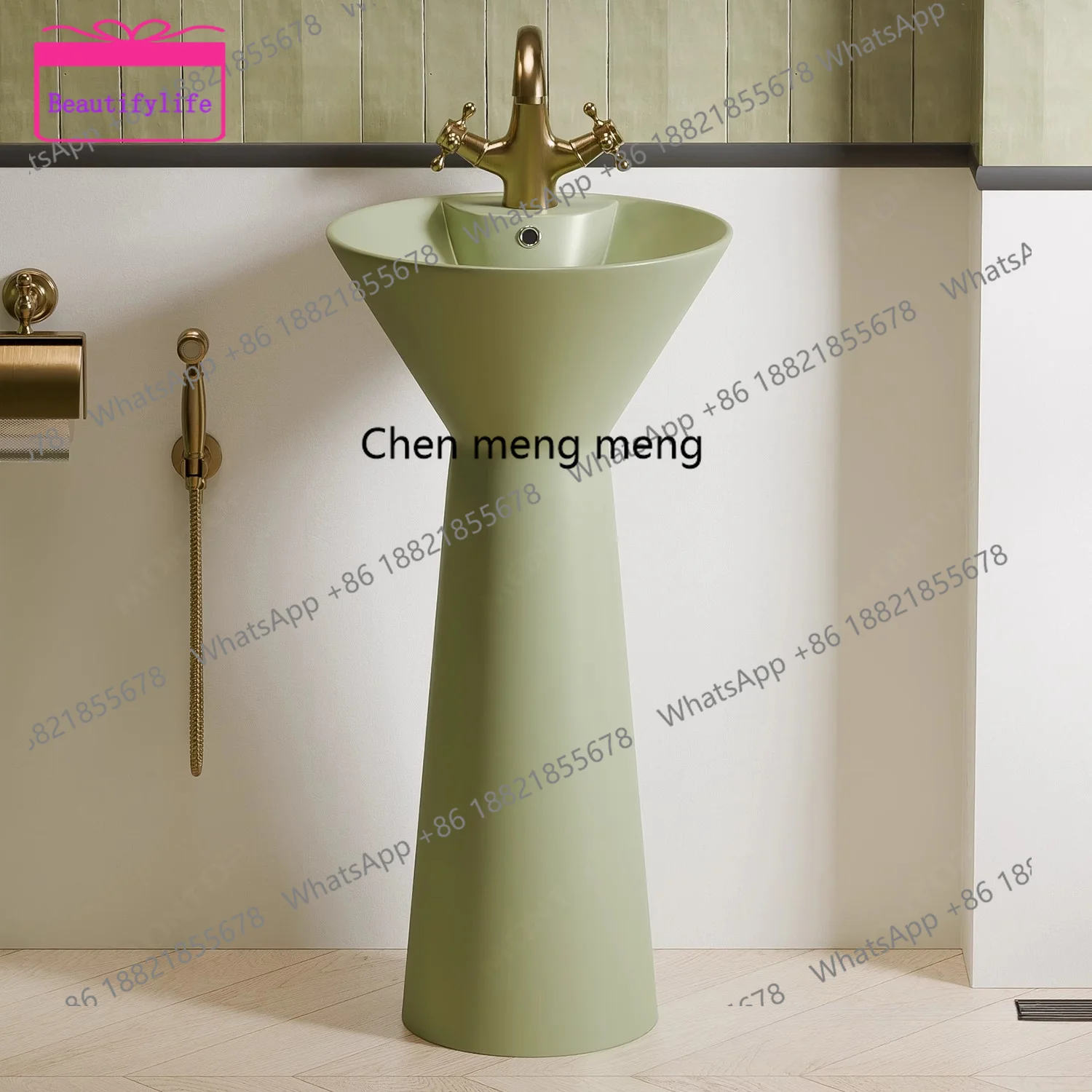 

YL Retro green integrated floor-to-ceiling ceramic column basin small apartment bathroom hand washing, washbasin