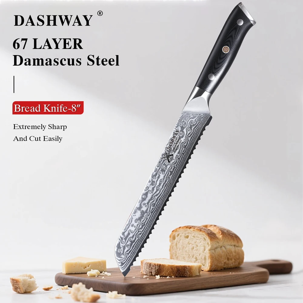 

DASHWAY 8" Serrated Bread Knife 67 Layer Damascus Steel Kitchen Chef Knives Serrated Cutting Ice Toast Cheese Cake Cooking Tools
