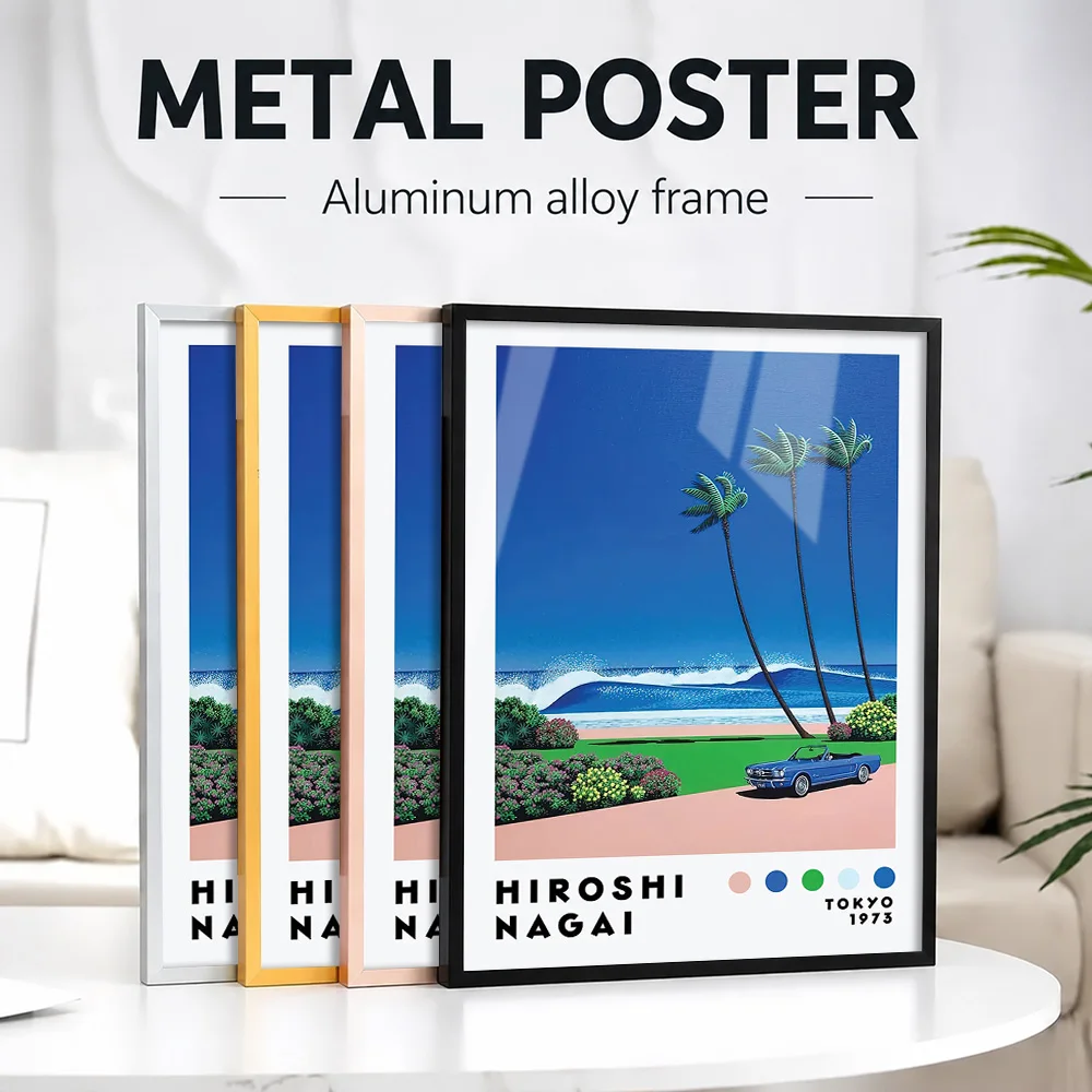 Hiroshi Nagai: Beach Featuring Car Metal Poster With Aluminum Alloy Frame Personalized Photo Modern Style Wall Art For Man Cave