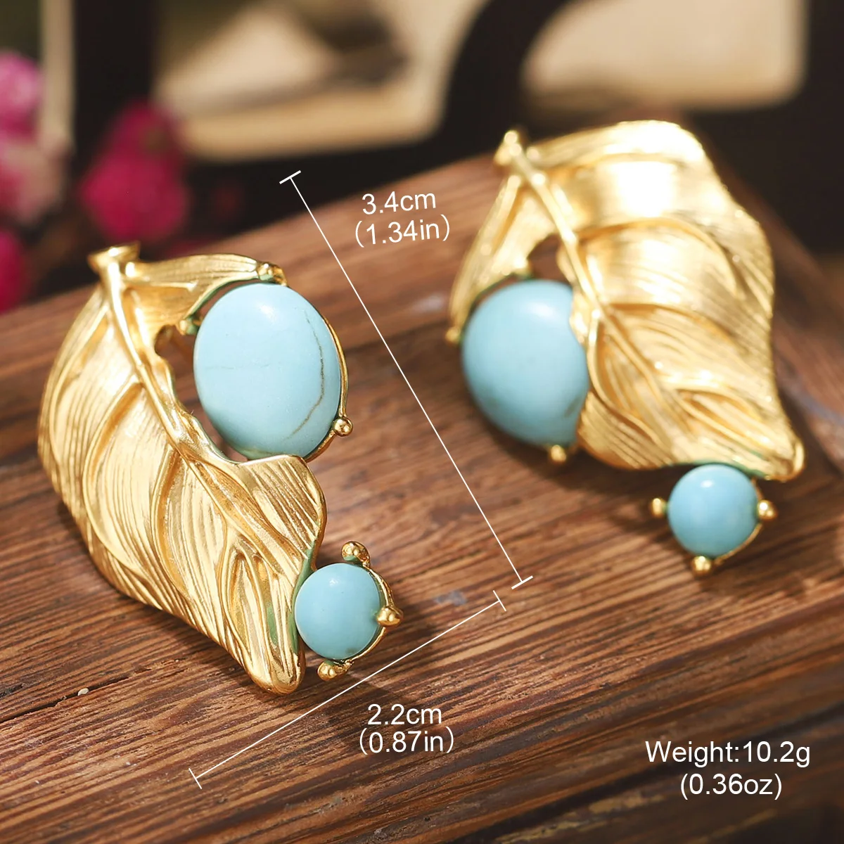 Vintage Created Turquoise Stud Earrings for Women 18K Gold Plated Needle Leaf Drop Ear Charm Party Gift Daily Jewelry
