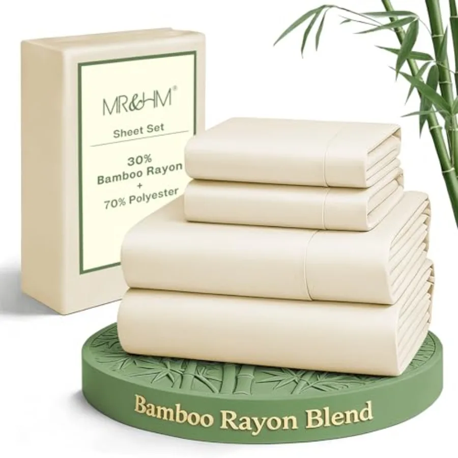 

Size Sheets Set, 4-Piece Cooling Sheets, Rayon Derived from Bamboo and Polyester Blend, Soft and Silky, 15" Deep Pockets with E