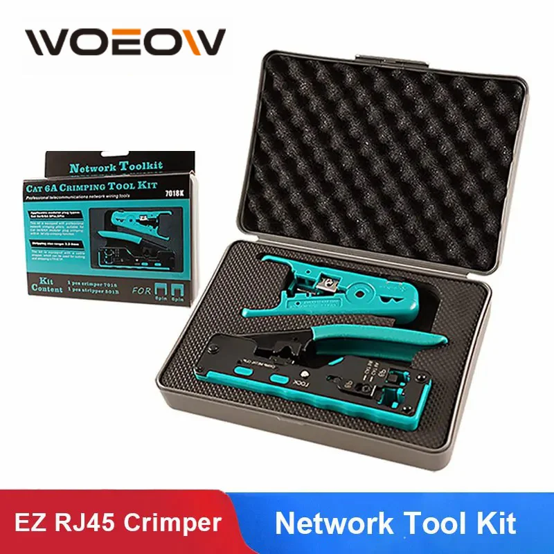 

WoeoW RJ45 Pass Through Crimp Tool Kit Ethernet Crimper Cat5 Cat5e Cat6 Cat6A Cat7 Crimping Tool Kit RJ45 RJ11 Wire Stripper