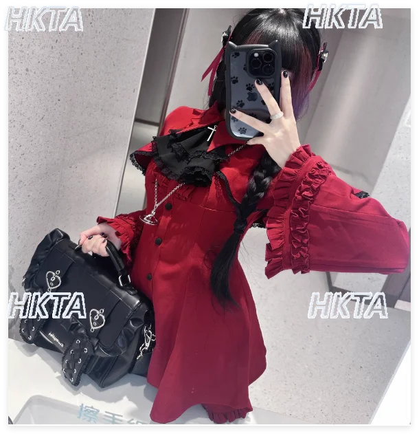 

Японский стиль Mine Goth Y2k, платье-рубашка, комплект с шортами, осеннее новое платье с длинными рукавами и рюшами, женские комплекты из двух предметов