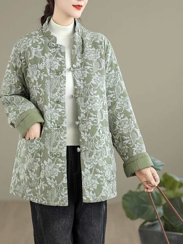 

Thiened Winter Outerwear for Women Vintage Button up Loose Stand Collar Jaet Long Sve Commute Sle Chinese Brand