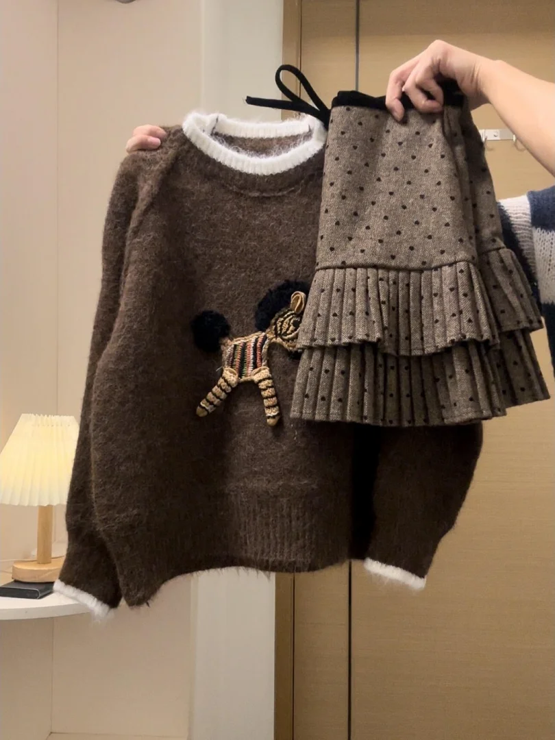 

Autumn Winter Women's Outfit High-End Embroidered Sweater Polka Dot f Skirt Two-Piece Set Casual Sle Online Exclusive