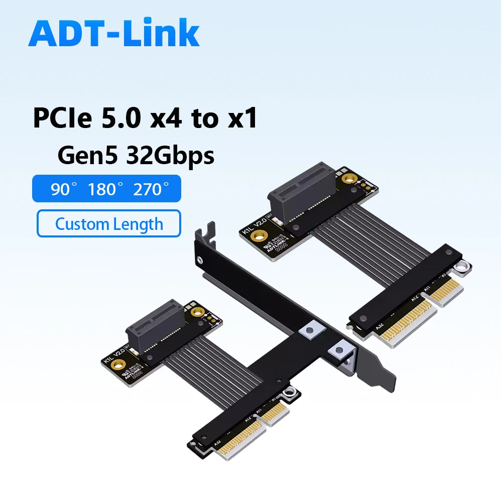 ADT-Link PCIe 5.0 X4 To X1 Riser Cable Gen5 32Gbps PCI Express Extension Cable for Wireless LAN Card SSD USB Capture Card Custom