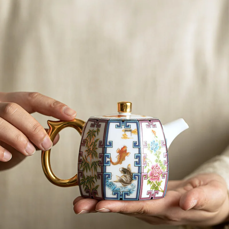 

White Porcelain Tea Pot Handmade Gold Painted Enamel Ceramic Single Household Kettle With Filter Kung Fu Beverage Set