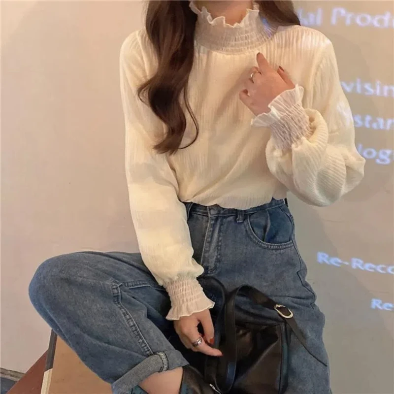 Korean Lace Patchwork Loose Pleated T Shirts Spring Autumn New Long Sleeve Solid Color Elegant Tops Fashion Sweet Women Clothing