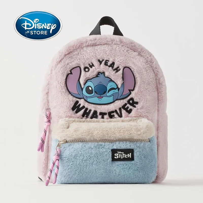 

Disney Short Plush Stitch Backpack Cartoon Stitch Baby Schoolbag Two-Tone Color Double Shoulder Kindergarten Backpacks For Girl