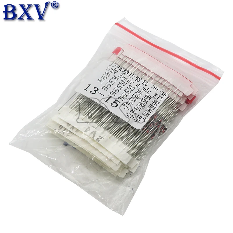 270PCS 0.5W Zener Diode Kit Assortment Set 1/2W 2V4-33V Zener Diode Pack 12V 18V 5V1 5V6 3V3 3V6 4V3 4V7 6V2 6V8 7V5 20V 22V