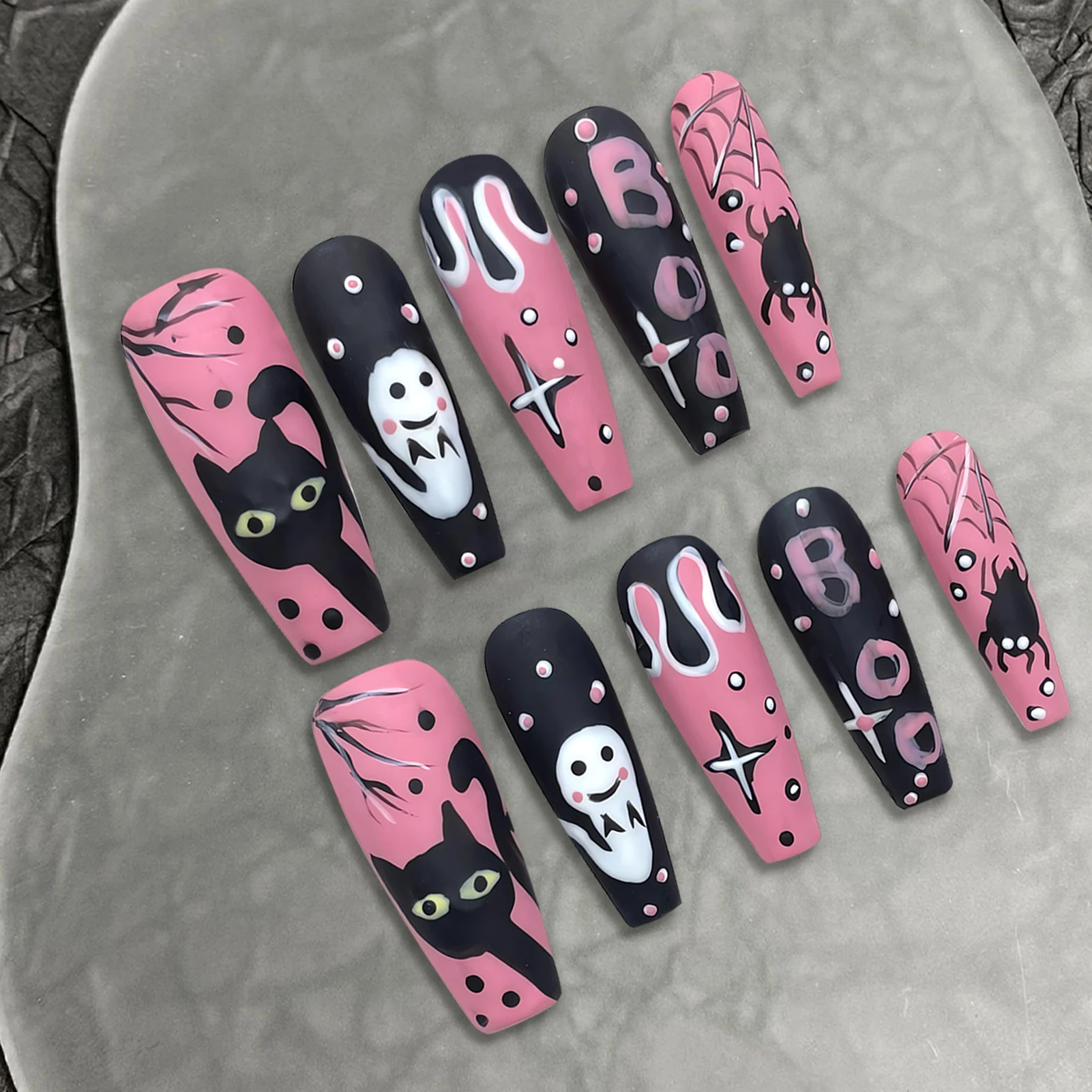 

10pcs Handmade Pink False Nails Long T Hand Painted Ghost Cat Spider Press On Nails Full Cover Wearable Manicure For Halloween