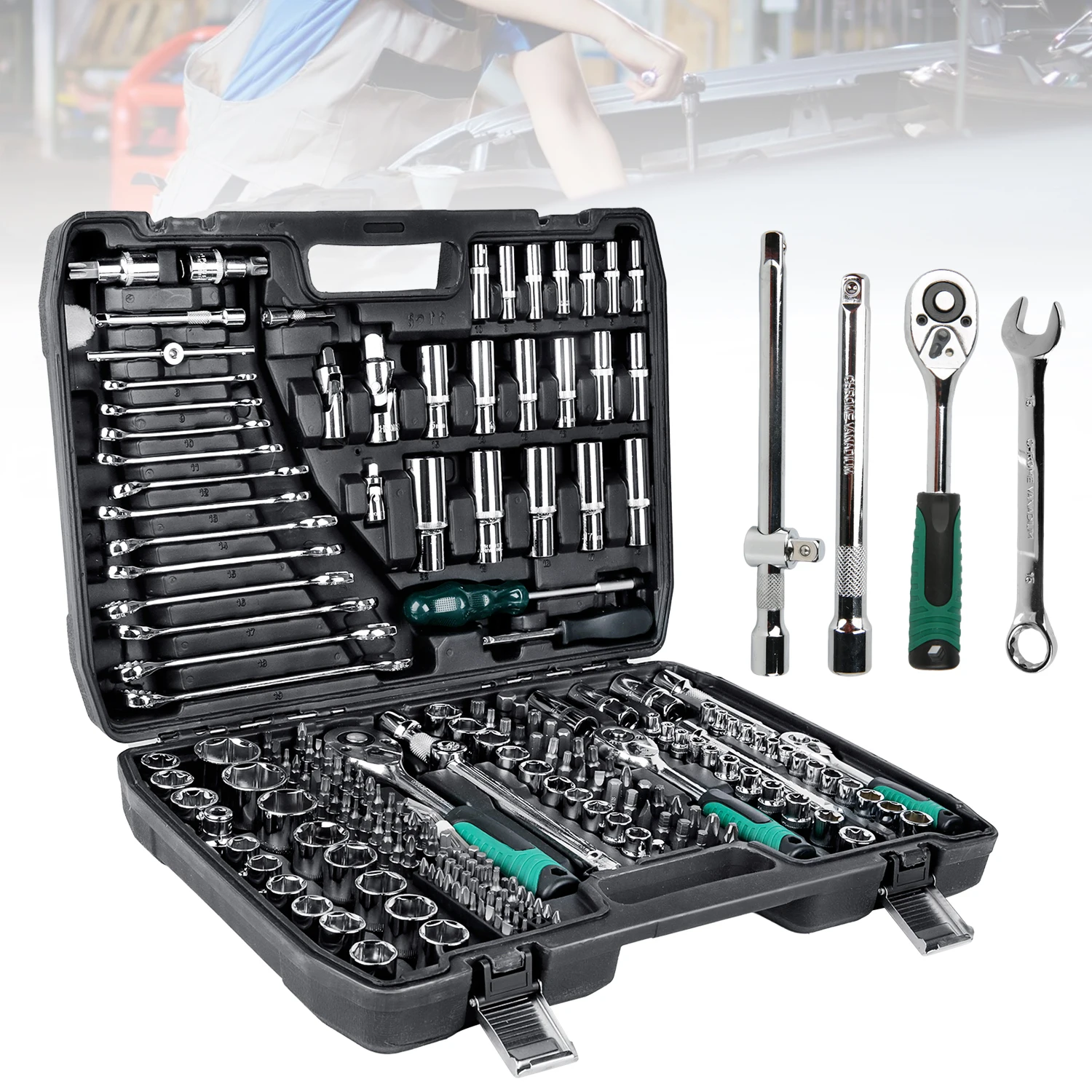 Set di 216 utensili per meccanici, con chiave a bussola, cricchetto e cacciaviti, ideale per la riparazione di auto e moto e per le attività di manutenzione domestica.