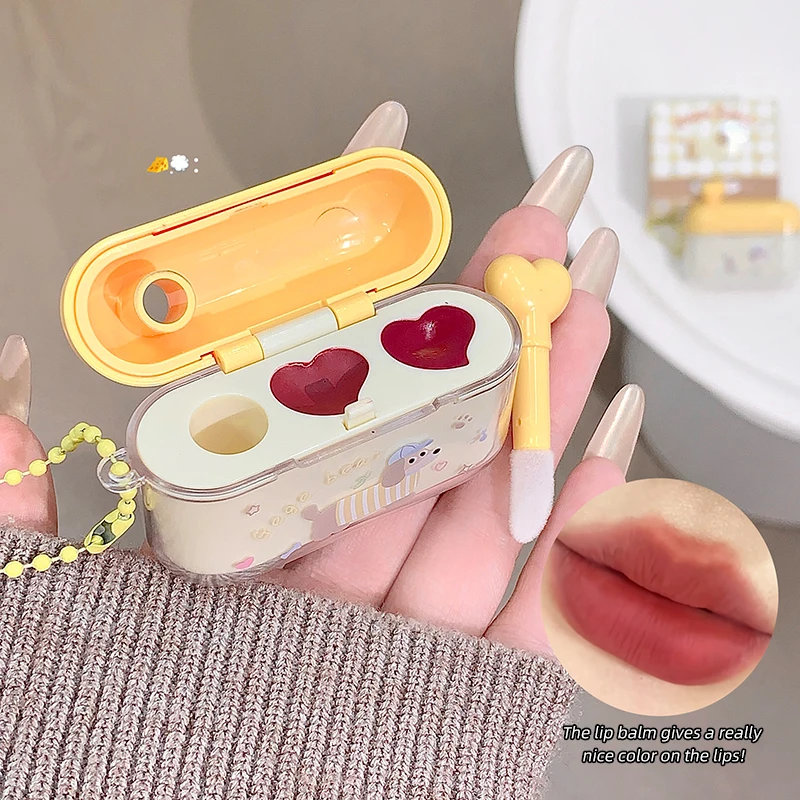 Gege Bear Cute Dog Pattern 2 Colors Lip Cream Box With Lip Brush Keychain Design Moisturizing Glossy Lip Tint Long Lasting Hydra