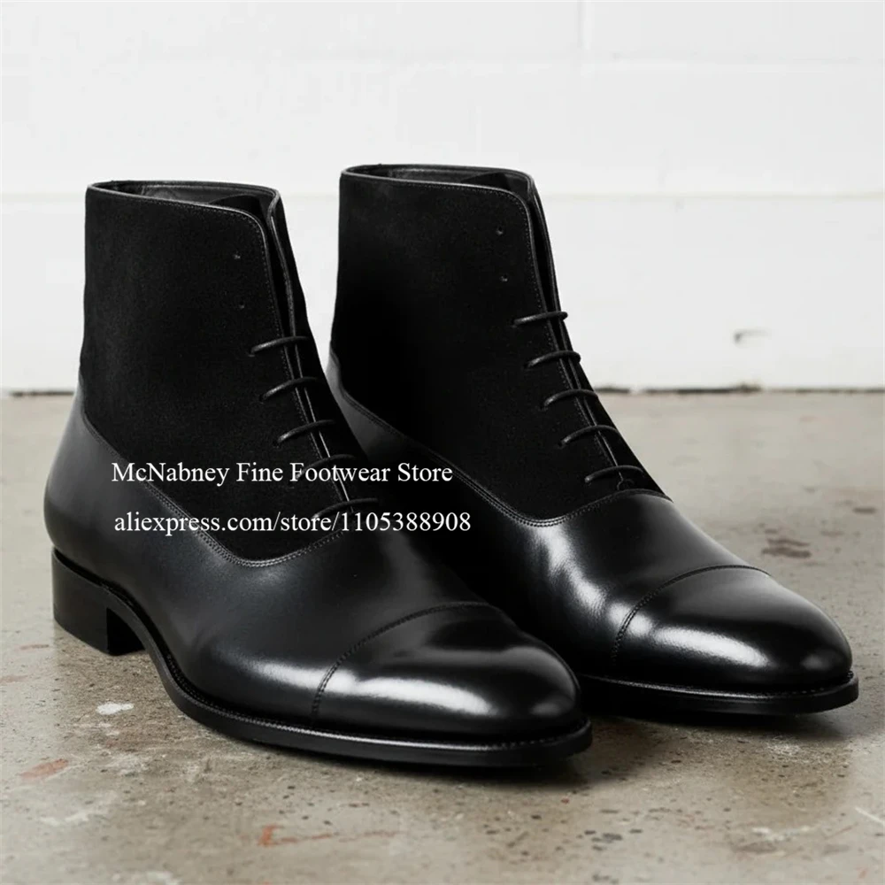Texture Men Leather Suede Patchwork Brogue Oxfords Boots Cap Toe Lace up Ankle Boots Formal Business Wedding Dress Boots for Men