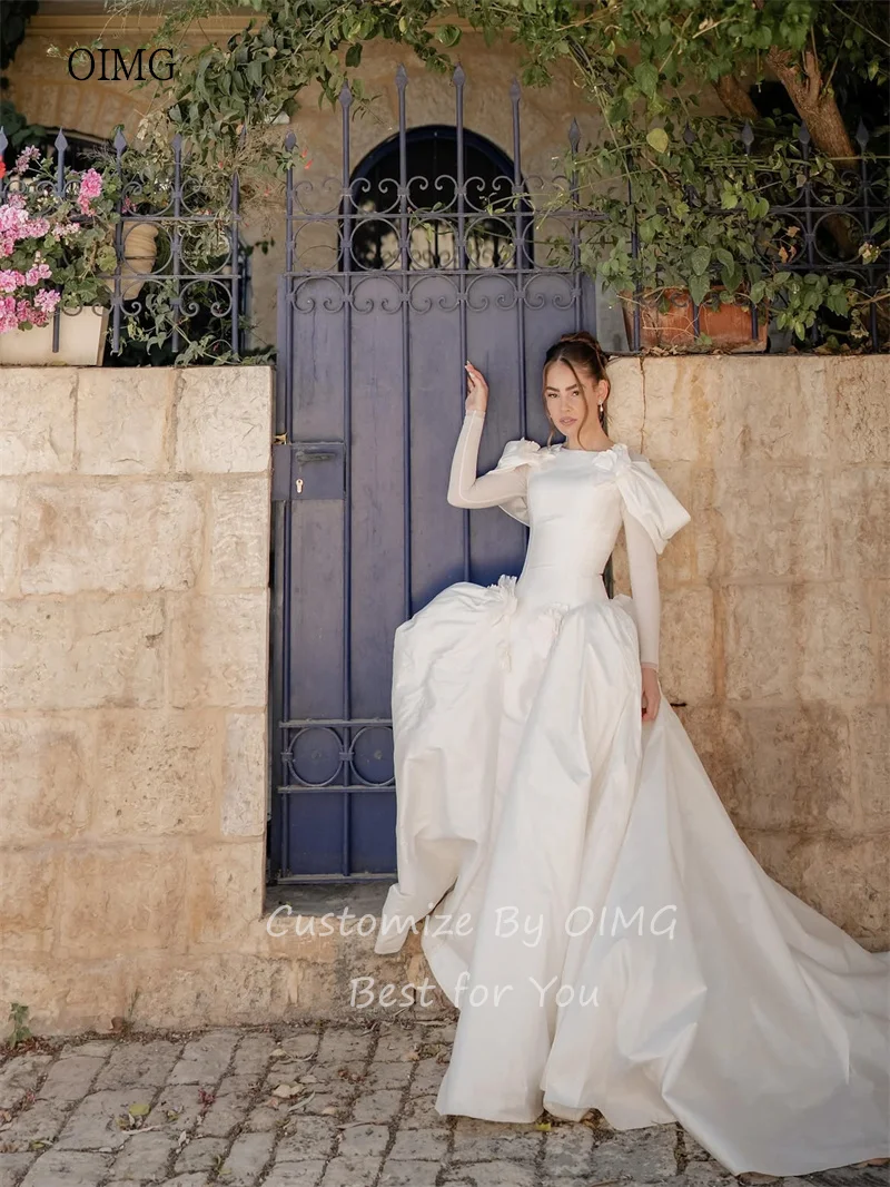 OIMG Graceful Full Sleeves A Line Wedding Dress 3D Flower High Neck Bride Dresses Lace Up Floor Length Wedding Gown Customized