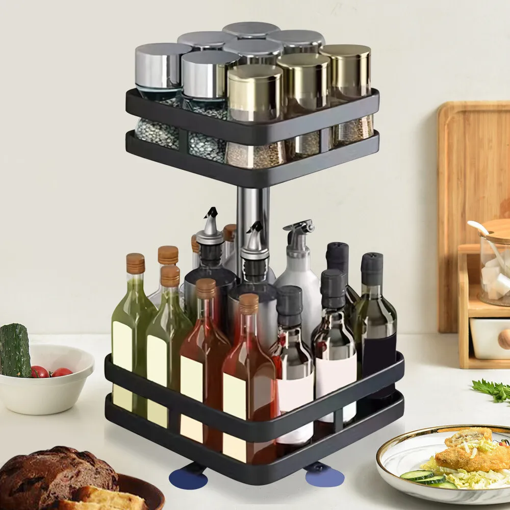 

2 Tier Metal Lazy Susan Spice Rack Rotate Height Adjustable Seasoning Organizer