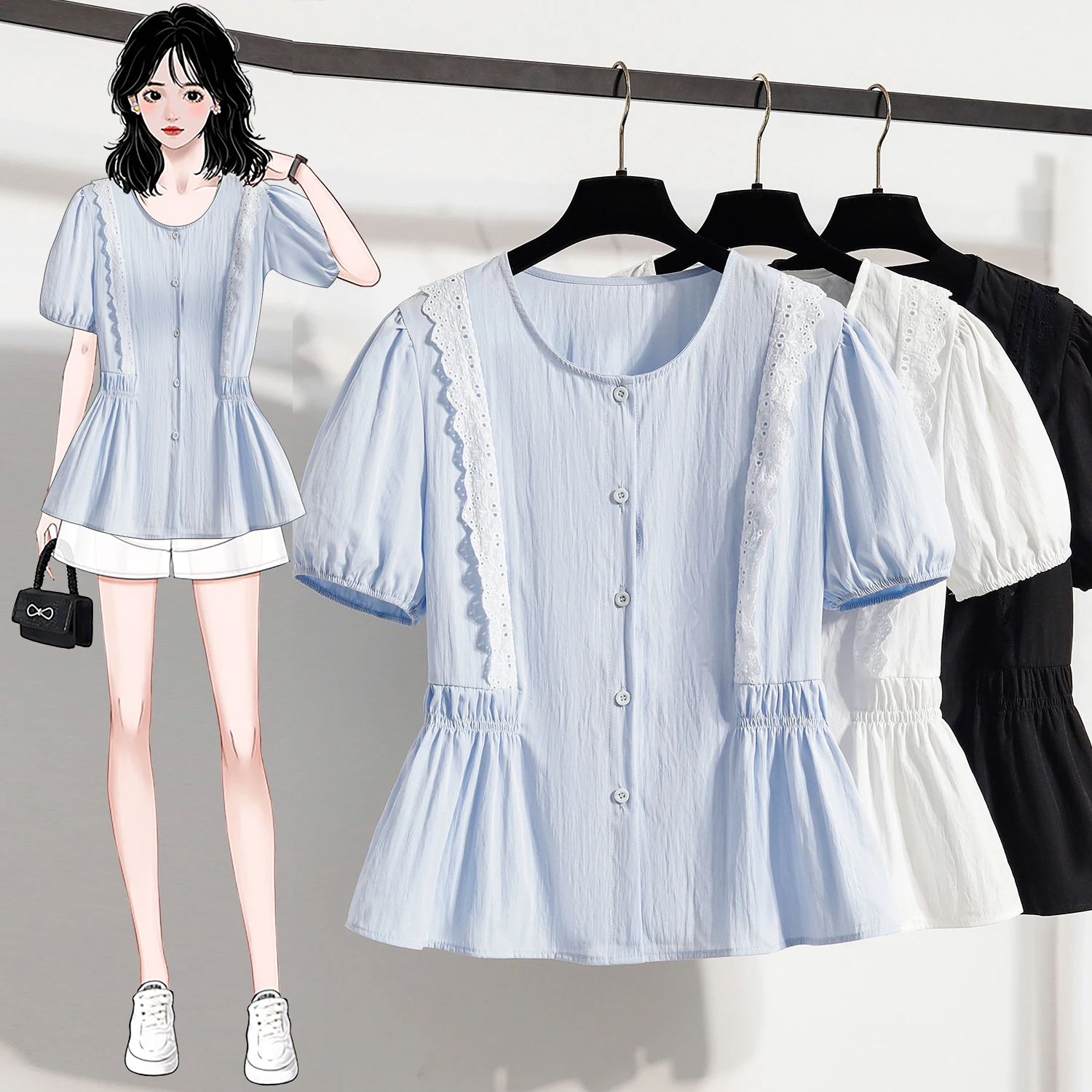 Blus dan Kemeja Renda Ukuran Besar Blus Musim Panas Wanita Wanita 2025 Keluaran Baru Blus Wanita Kasual Kerah Leher O Lengan Pendek