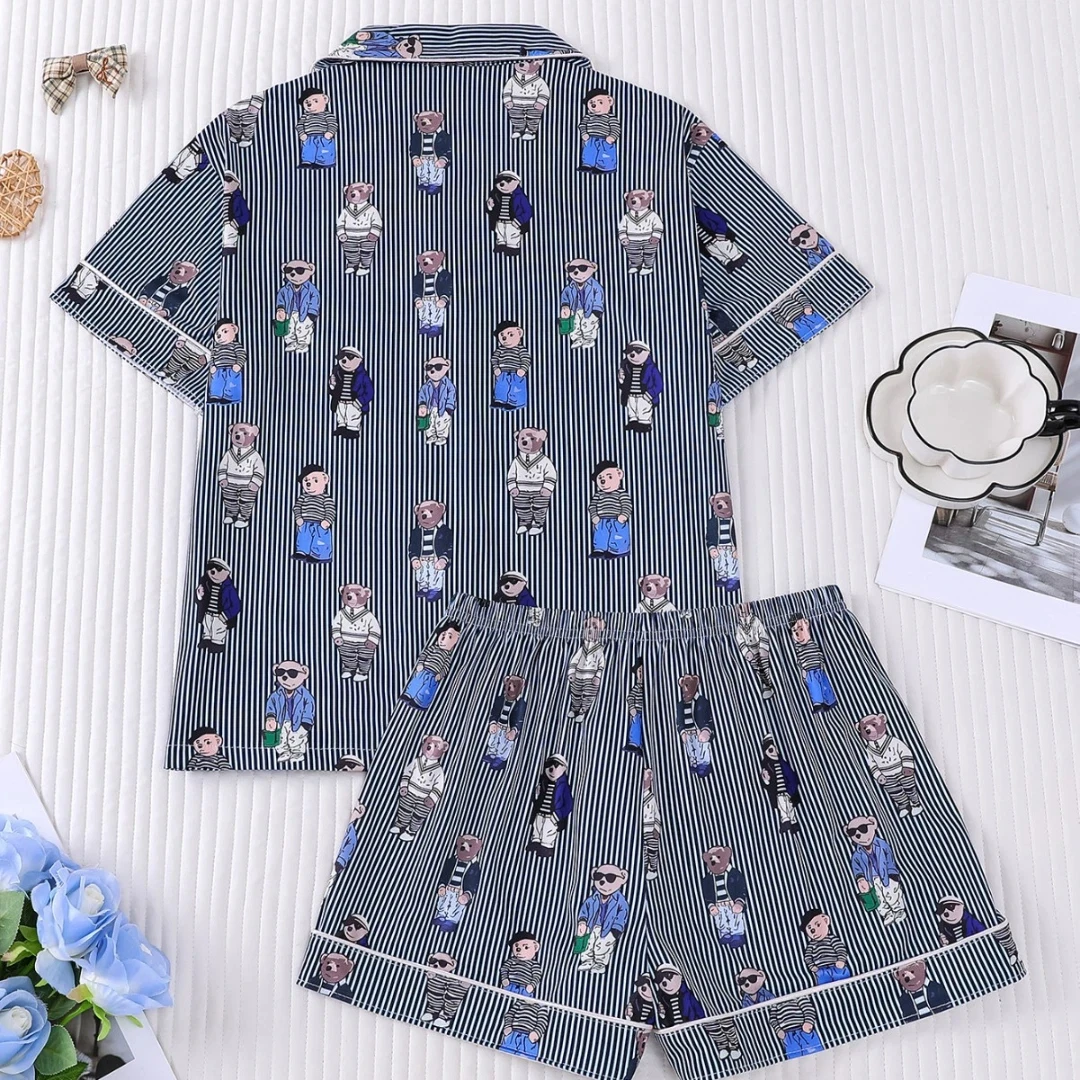 Women's Pajama with Bear Polka Point Stripes Print Gray Lapel Short Sleeve Short Pants Trousers Loungewear Home Wear Set Clothes