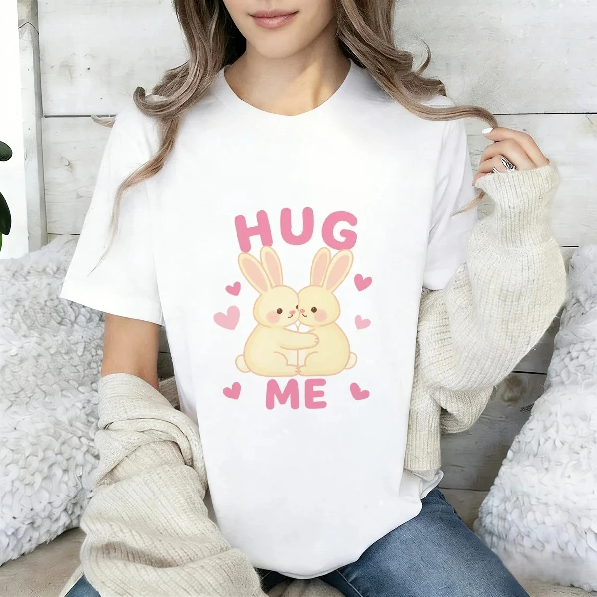Cute Rabbit Hug Me Printed T-Shirt Female Comfortable Casual Soft Aesthetic O-Neck Tee Breathable Summer Fashion Sale Clothes