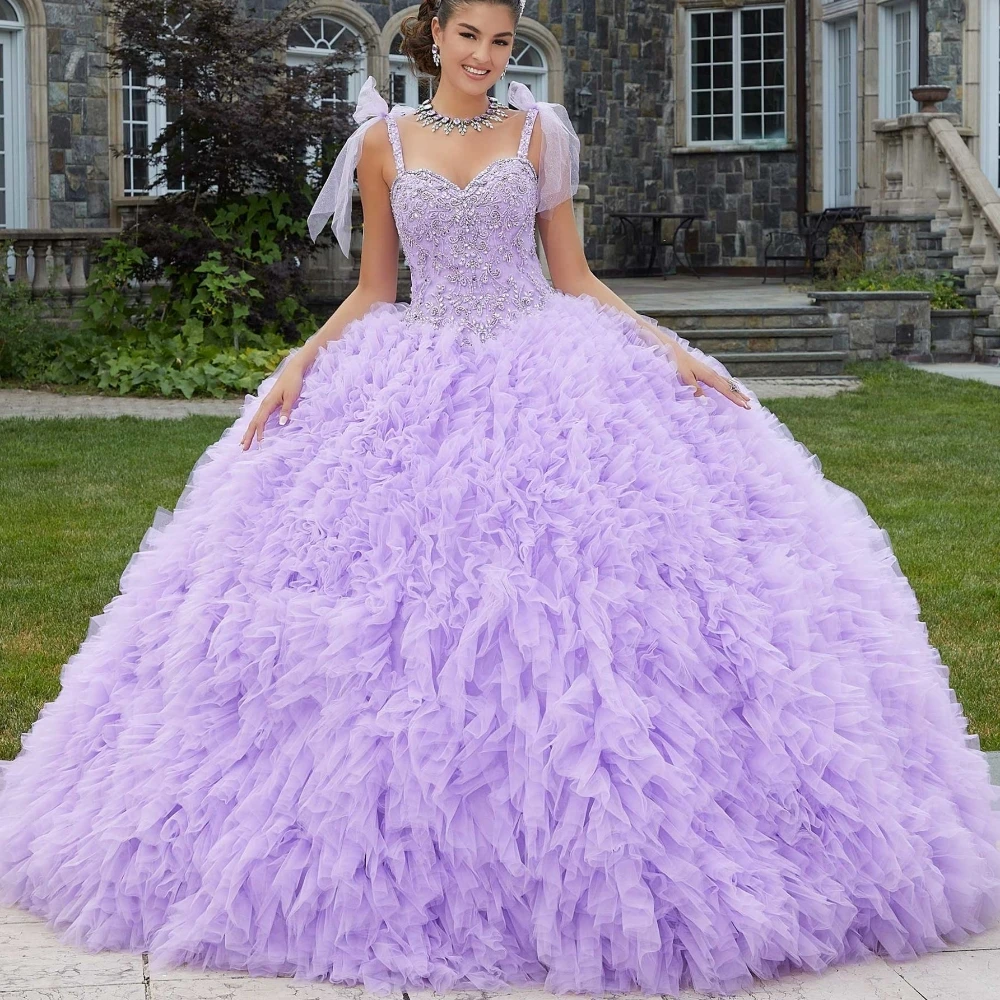 EVLAST-vestido de quinceañera lila con volantes, tul, lentejuelas de cristal, tirantes de lazo, dulce 16, Para XV Años, TQD120