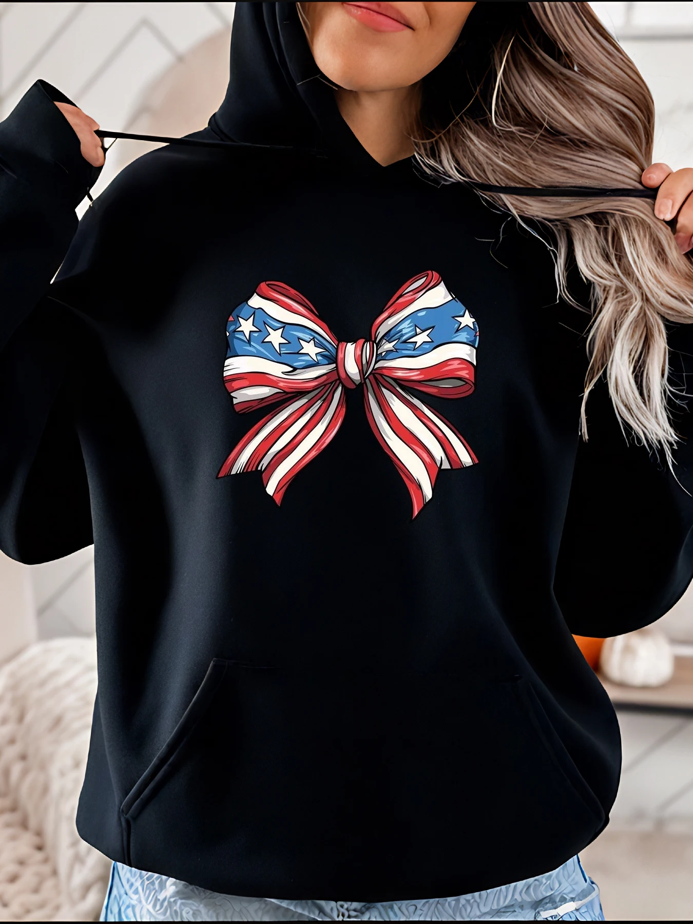 

Толстовка с бантом и американским флагом, повседневная женская уличная одежда, модный пуловер, толстовка с передним карманом для повседневной носки