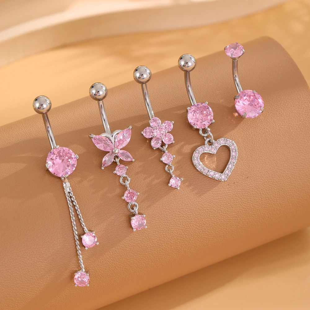 5pcs Pink Zircon Belly Button Ring Sets 14G Curved Tassel Chain Dangled Belly Piercing nombril Jewelry for Women Sexy Navel Ring