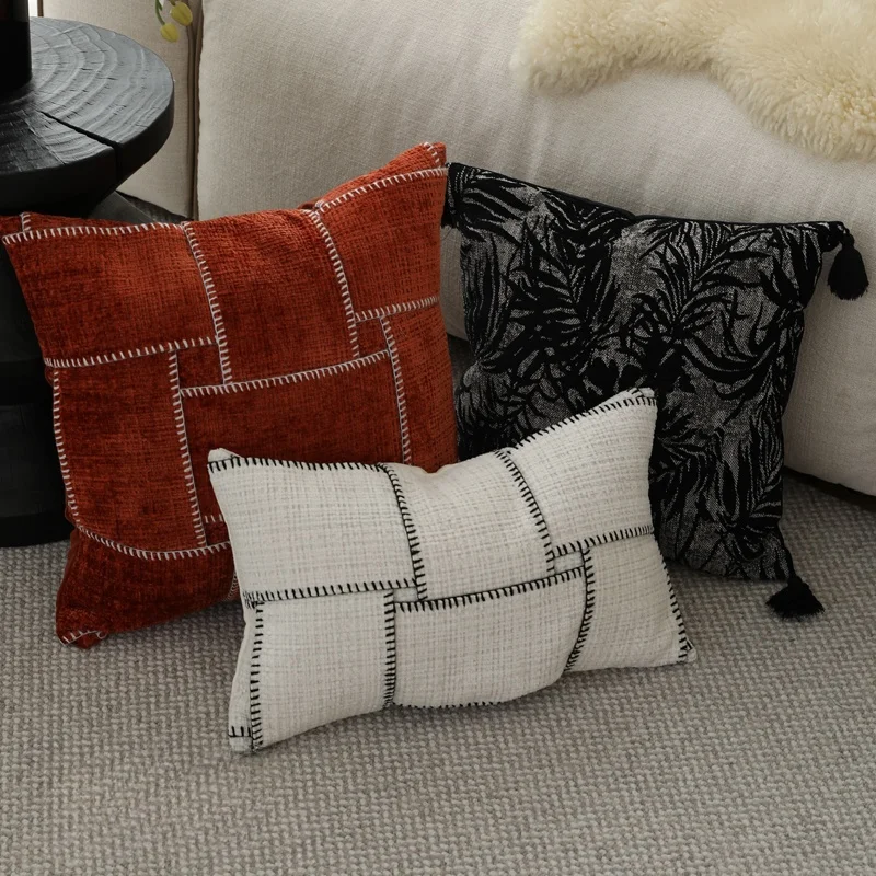 Check Geometric Pillow Luxury Burgundy Cushion Case White Black Modern Handmade Decorative Pillow Cover For Sofa Chair Home Deco