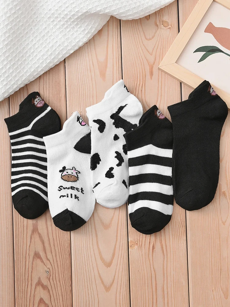 5 par / partia Letnie kobiety Kreskówka Krótkie skarpetki Zwierzęcy nadruk Niska rurka Zestaw fajnych skarpetek Śliczne kostki Moda Nowa skarpetka Kawaii — zdjęcie 2