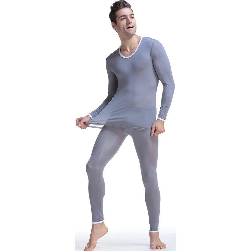 Men's Fashion Thermal Underwear Set Ice Silk Elastic Quick Dry Home Sleepwear Soft Thin Transparent Long Sleeve Top/Pant Pajamas