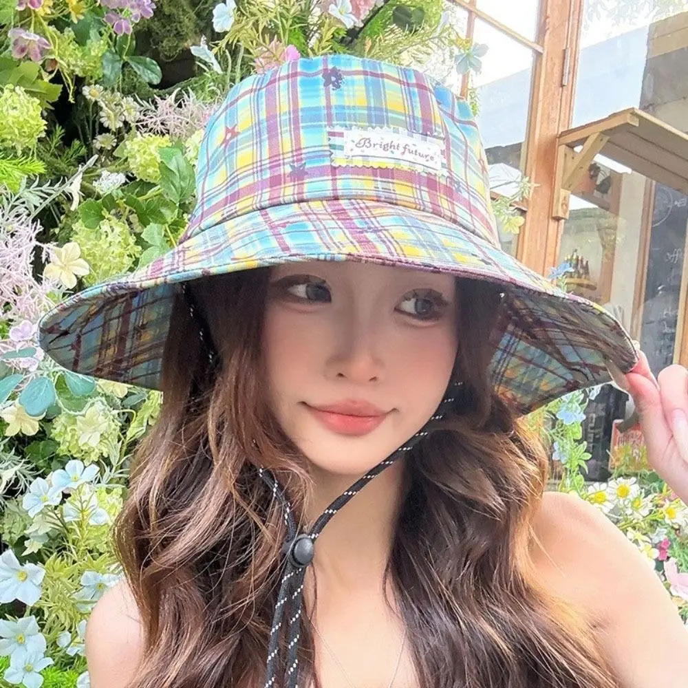 

Retro Star Women Sun Hat Sun Protection Wide Brim Plaid Fisherman Hat Japanese Style Adjustable Sunscreen Bucket Hat Climbing