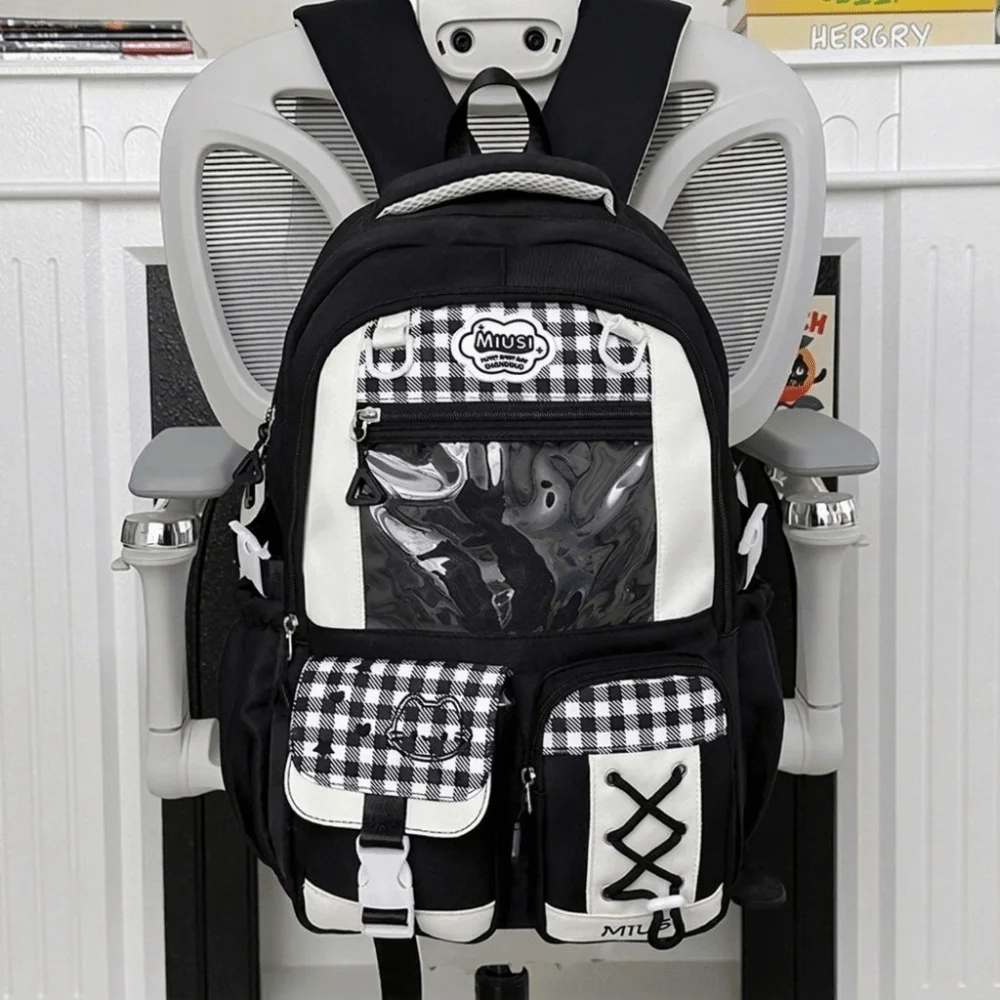 Preppy-Style Schulrucksack mit mehreren Fächern, großem Fassungsvermögen, leichtem Gewicht, Reißverschluss, mehreren Taschen, kariertem Farbblock-Design, Tagesrucksack – Detail 7