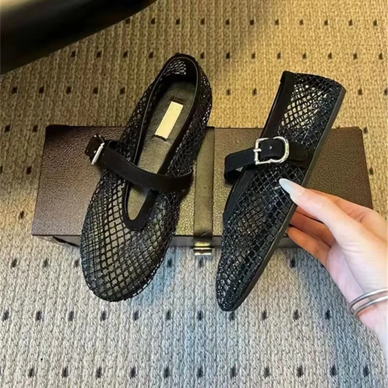 Designer's Original Rhinestone Ballet Shoes For Women, Retro Suede Flat Bottom With Fishing Net Hollow Mary Jane Single Shoes