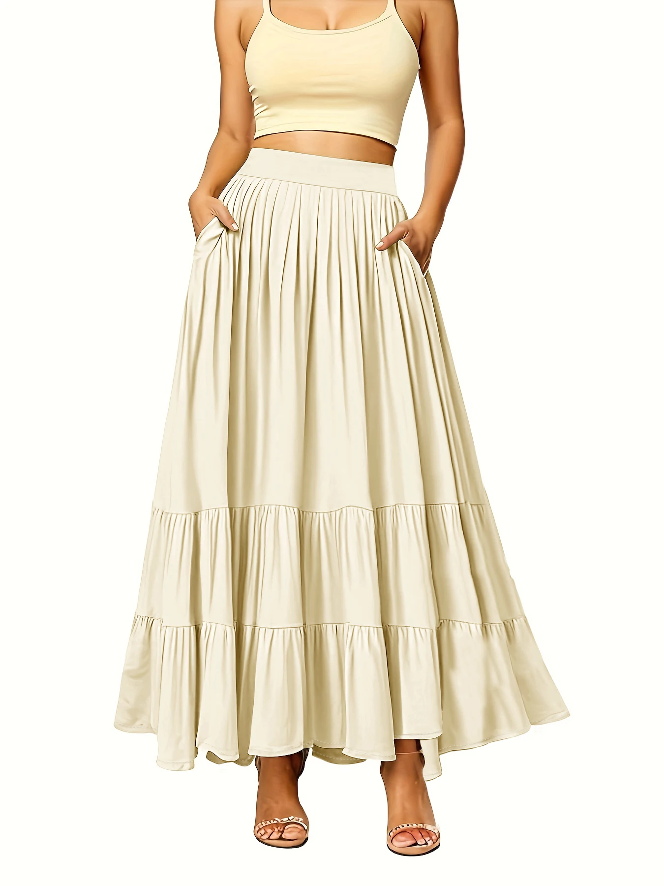 

Women's Autumn Winter Swing Maxi Dress with Pockets Pleated Layered Beach Dress Ruffle Hem Flowy A-Line