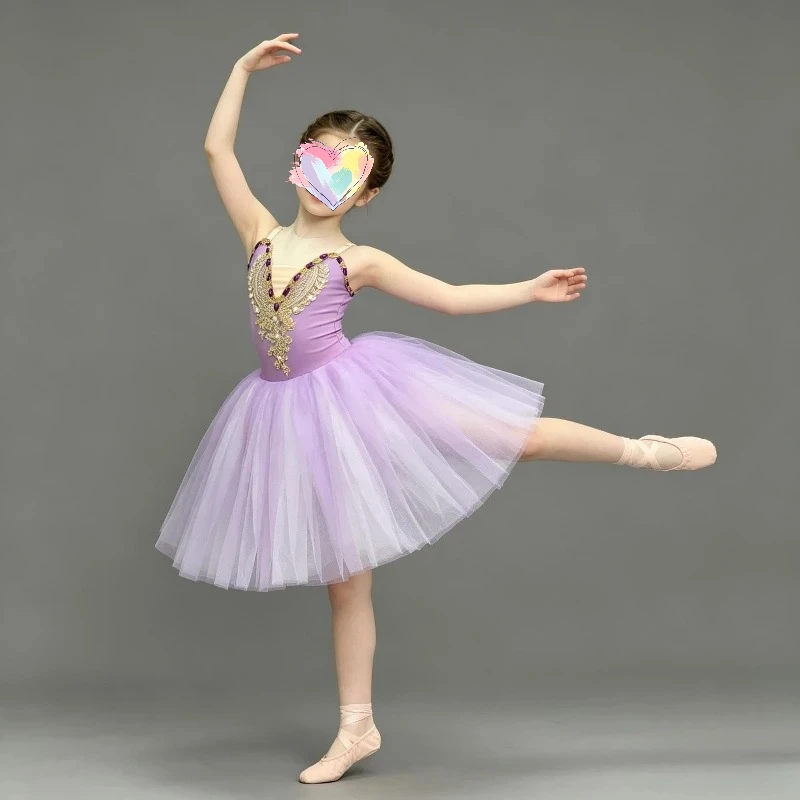 

Kids Long Tulle Ballet Dress Off Shoulder Sparkly Gold Embroidery Professional Ballerina Costume for Girls Children Day Show