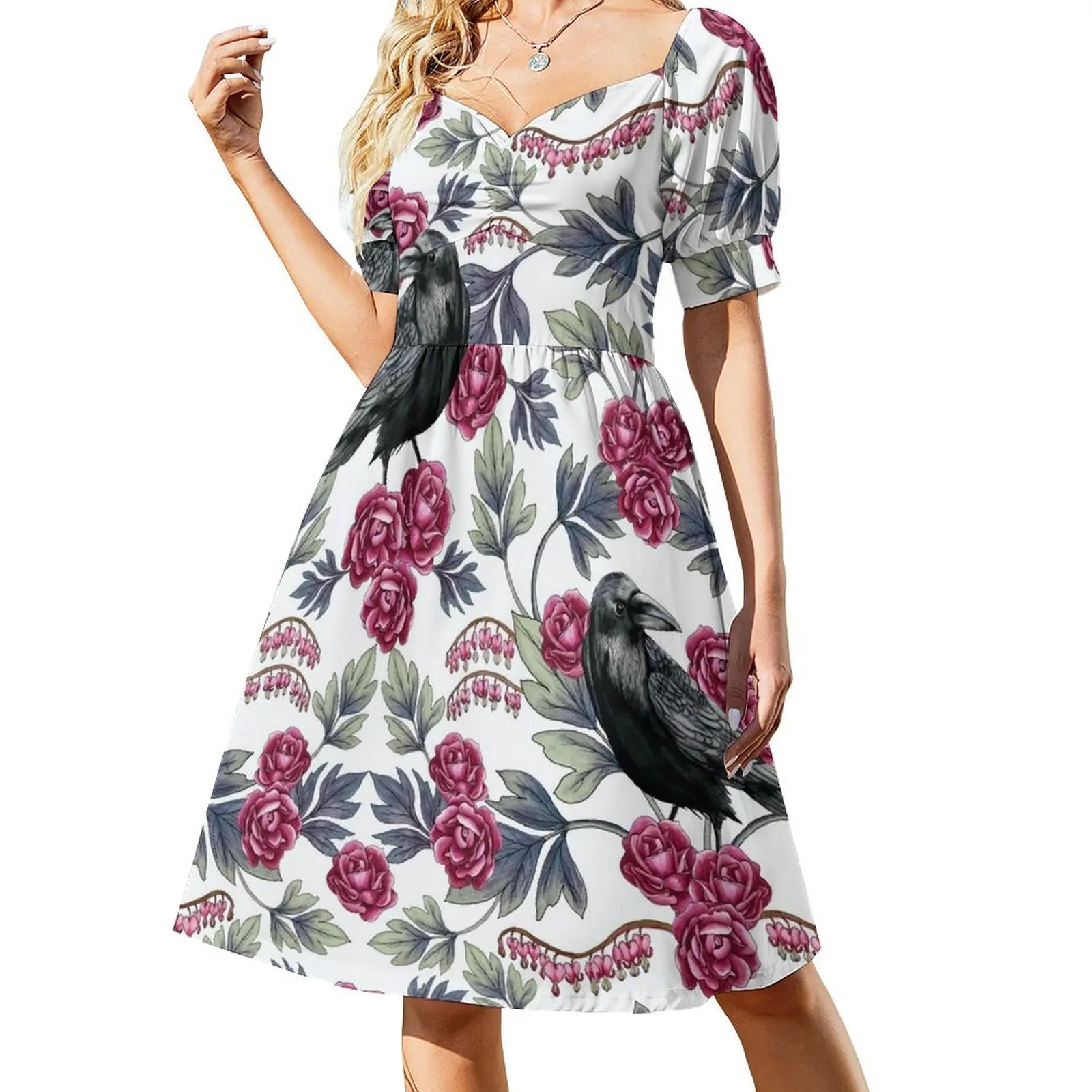 

Crow, Bleeding Heart & Roses Floral/Botanical Pattern Short-Sleeved Dress birthday dress for women summer women's dress 2025