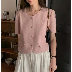 Korean Short-sleeved Blazer Women 2023 Summer Luxury Tweed Jacket Pink Love Button Cropped Top Casual Fashion Short Black Coat