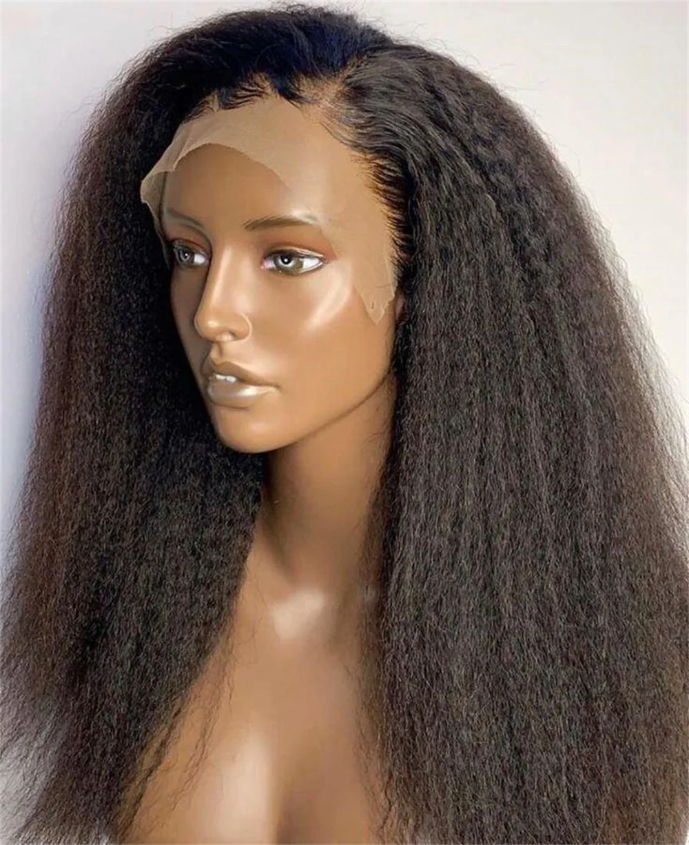 Peluca con malla frontal para mujer, pelo largo de 26 pulgadas, sin pegamento, 180 de densidad, Yaki negro, liso y rizado, con pelo de bebé prearrancado para uso diario