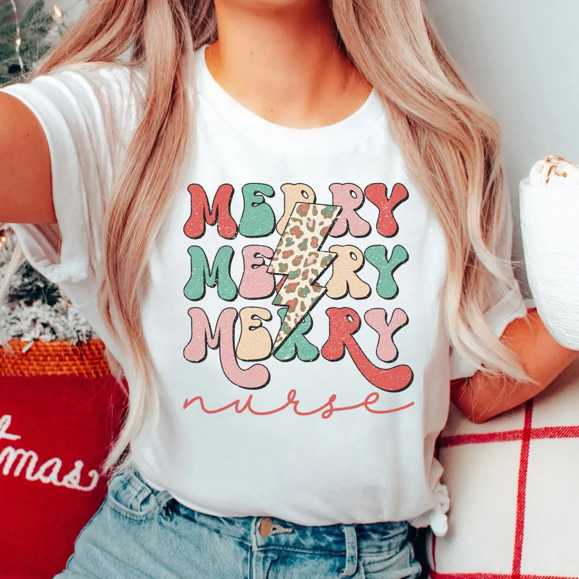 Retro Merry Nurse Christmas T Shirt Cute Xmas Crew For Peds Er Icu Med Surg Picu Rn Festive Unit Holiday